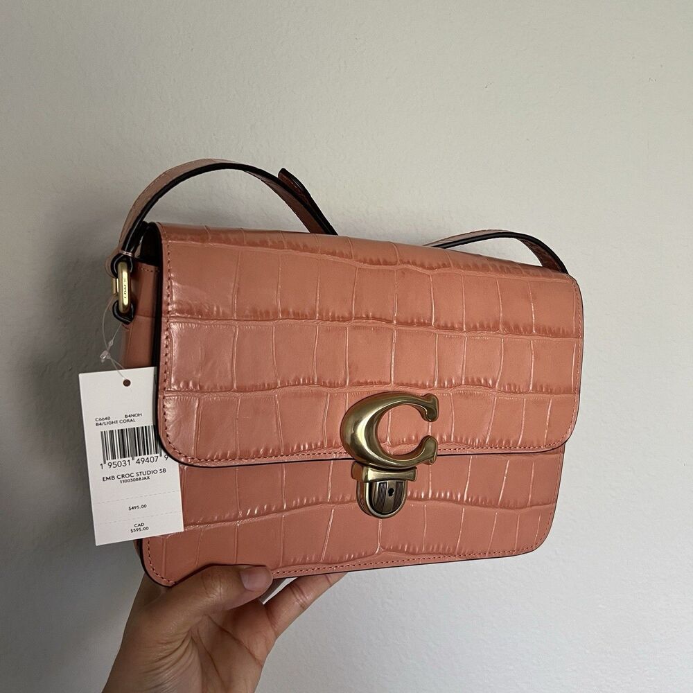 NWT Coach Studio Shoulder Bag Brass/Light Coral Crocodile Embossed Leather C6640